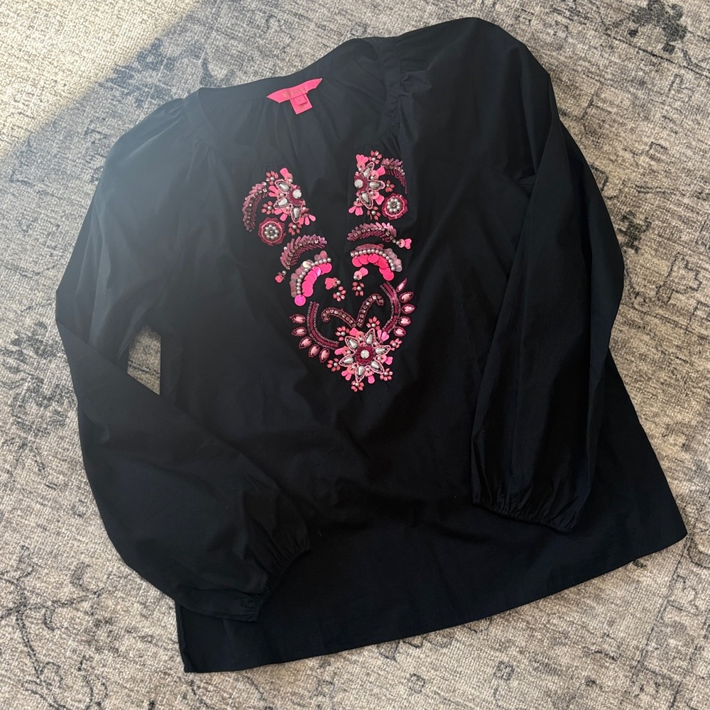 Lilly Pulitzer Black Top with Pink Embroidery